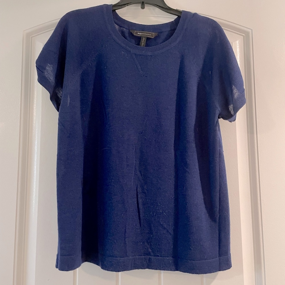 BCBG short sleeve knit round neck top cotton/wool blend royal blue size small